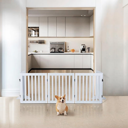 36”H Free Standing Pet Gate for Dog, Tall Wooden Dog Gate, 80” Wide | Foldable Pet Fence for Doorway, Stairs, Step, Expandable Doggy Barrier, Room Divider, Indoor Use, White