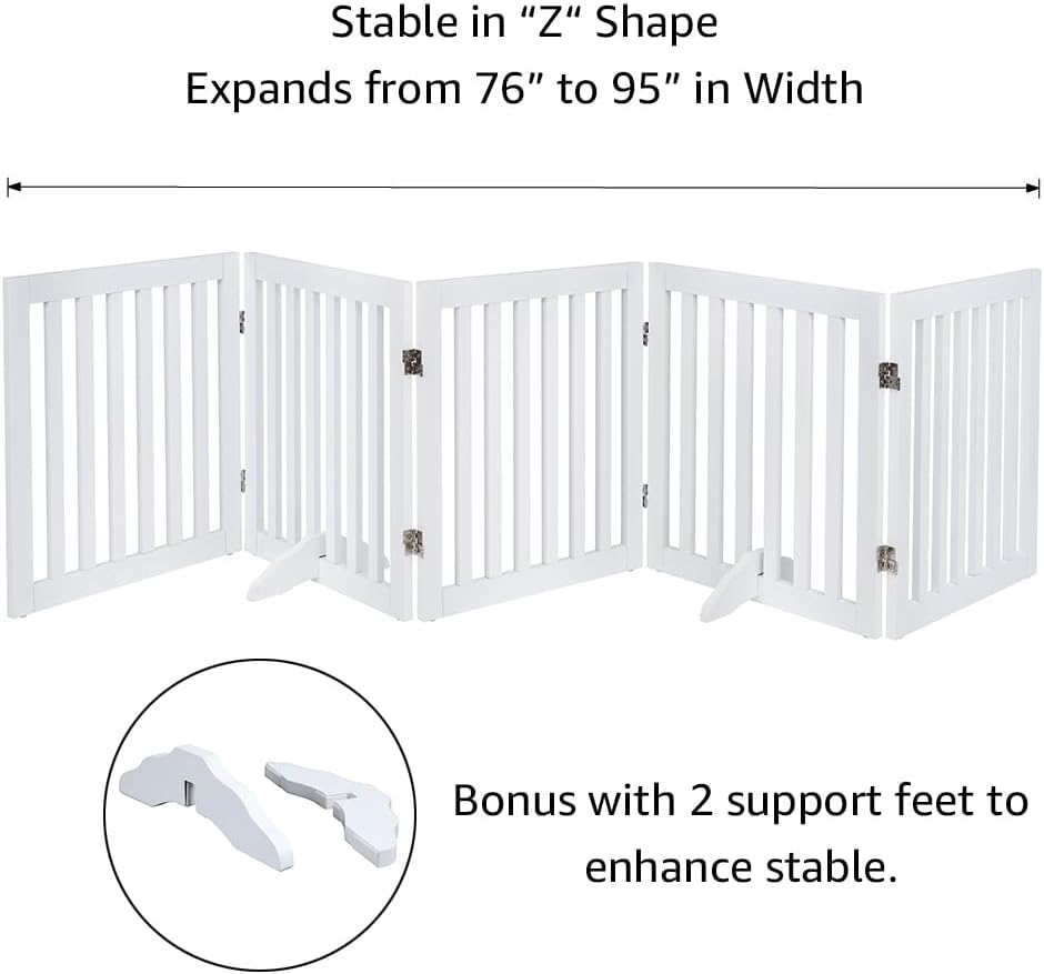 36”H Free Standing Pet Gate for Dog, Tall Wooden Dog Gate, 80” Wide | Foldable Pet Fence for Doorway, Stairs, Step, Expandable Doggy Barrier, Room Divider, Indoor Use, White