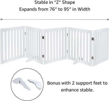 36”H Free Standing Pet Gate for Dog, Tall Wooden Dog Gate, 80” Wide | Foldable Pet Fence for Doorway, Stairs, Step, Expandable Doggy Barrier, Room Divider, Indoor Use, White