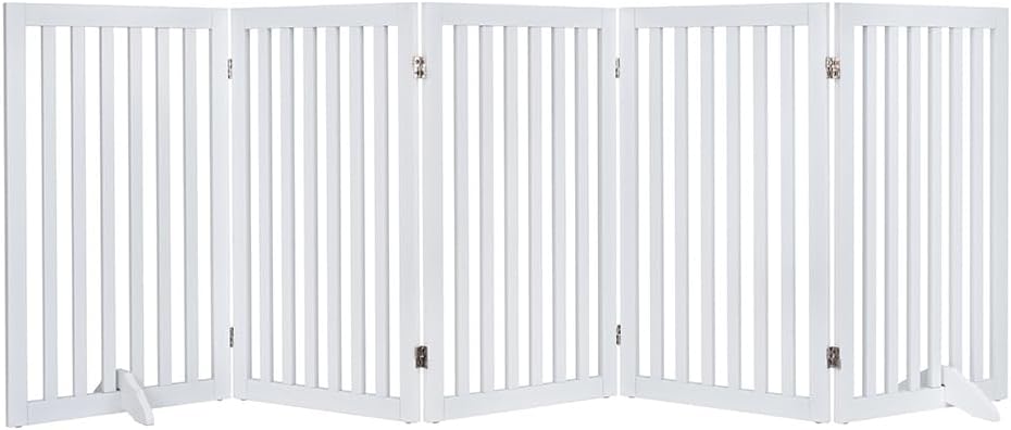 36”H Free Standing Pet Gate for Dog, Tall Wooden Dog Gate, 80” Wide | Foldable Pet Fence for Doorway, Stairs, Step, Expandable Doggy Barrier, Room Divider, Indoor Use, White