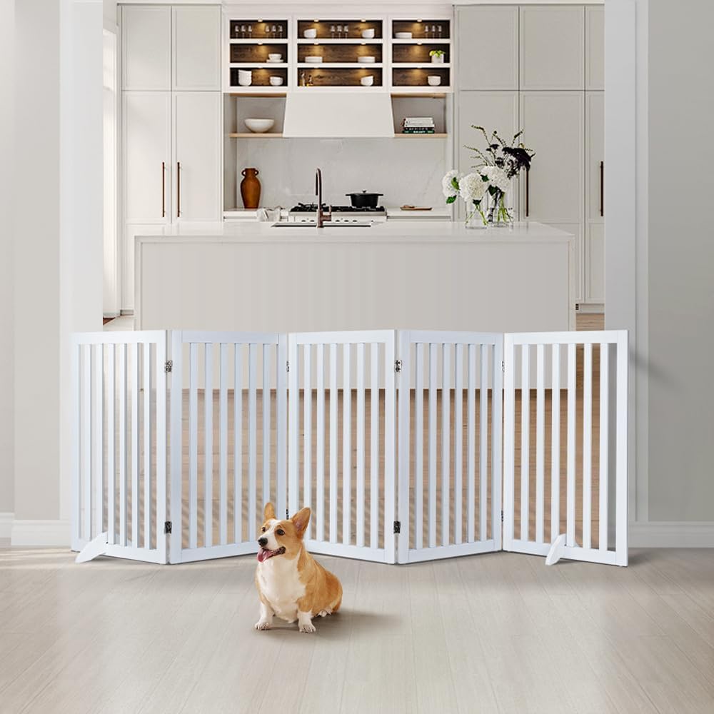 36”H Free Standing Pet Gate for Dog, Tall Wooden Dog Gate, 80” Wide | Foldable Pet Fence for Doorway, Stairs, Step, Expandable Doggy Barrier, Room Divider, Indoor Use, White