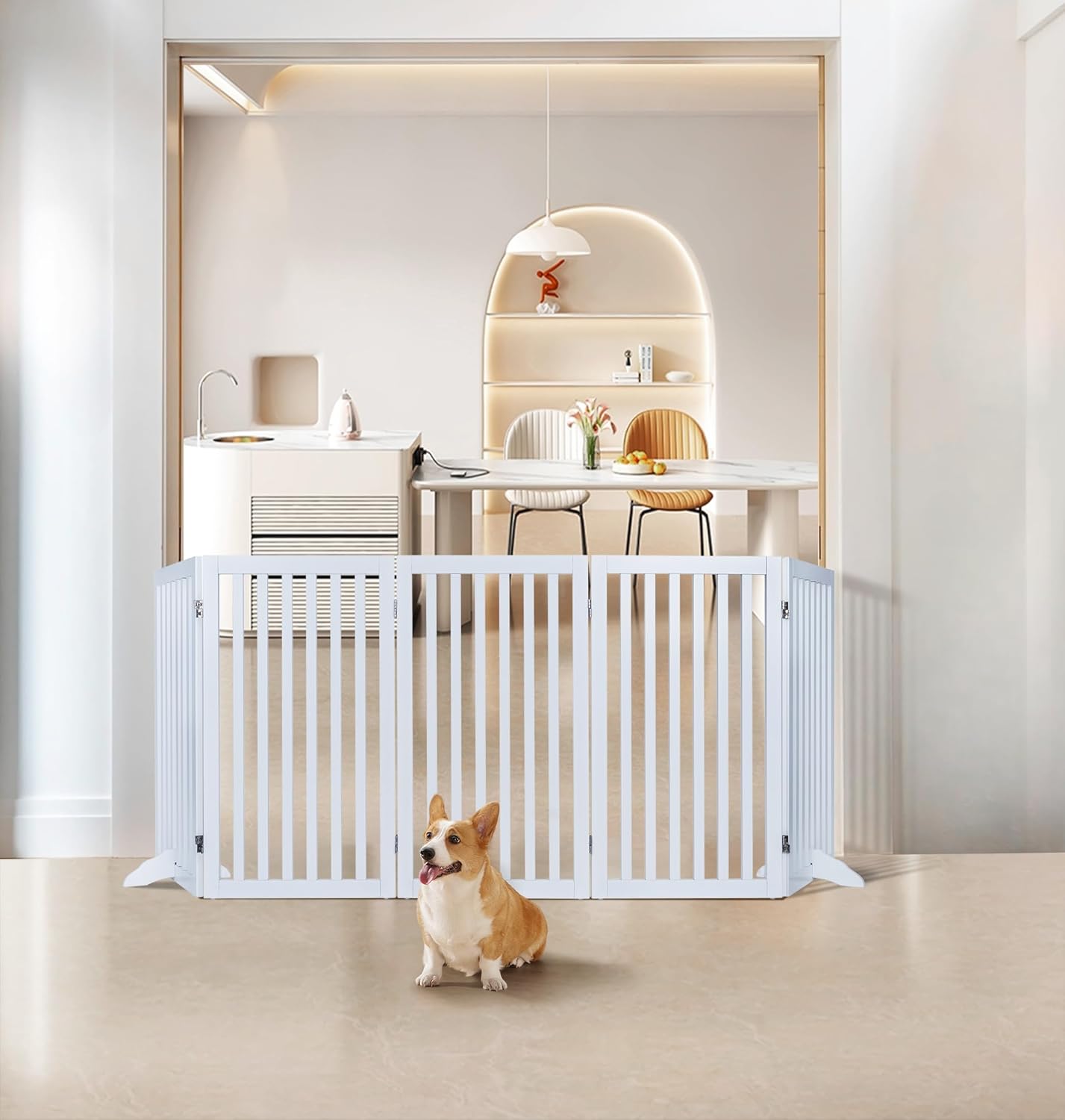 36”H Free Standing Pet Gate for Dog, Tall Wooden Dog Gate, 80” Wide | Foldable Pet Fence for Doorway, Stairs, Step, Expandable Doggy Barrier, Room Divider, Indoor Use, White