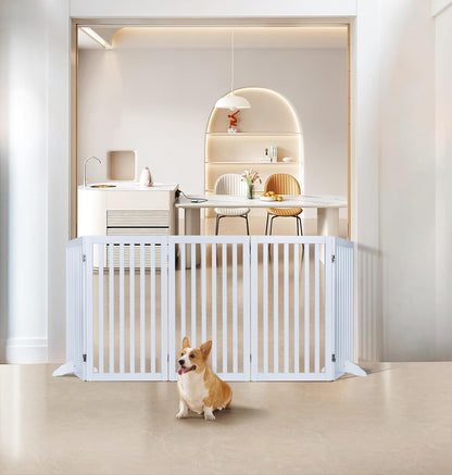 36”H Free Standing Pet Gate for Dog, Tall Wooden Dog Gate, 80” Wide | Foldable Pet Fence for Doorway, Stairs, Step, Expandable Doggy Barrier, Room Divider, Indoor Use, White