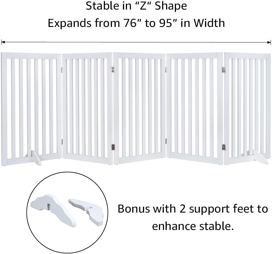 36”H Free Standing Pet Gate for Dog, Tall Wooden Dog Gate, 80” Wide | Foldable Pet Fence for Doorway, Stairs, Step, Expandable Doggy Barrier, Room Divider, Indoor Use, White