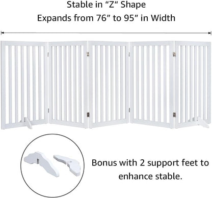 36”H Free Standing Pet Gate for Dog, Tall Wooden Dog Gate, 80” Wide | Foldable Pet Fence for Doorway, Stairs, Step, Expandable Doggy Barrier, Room Divider, Indoor Use, White