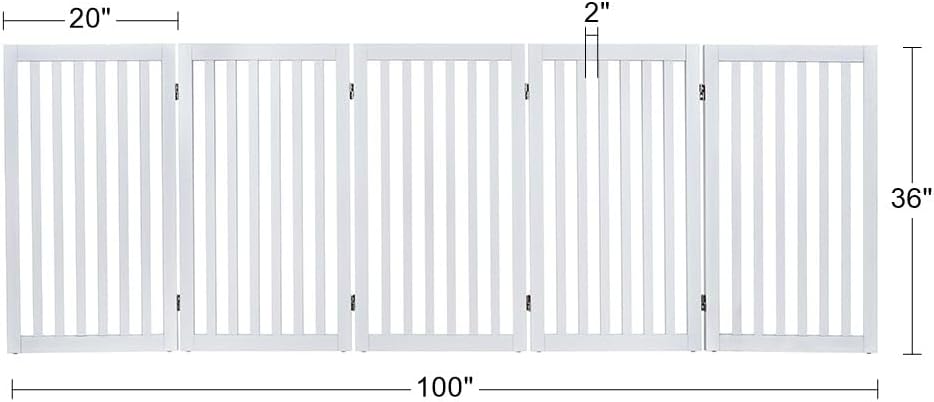 36”H Free Standing Pet Gate for Dog, Tall Wooden Dog Gate, 80” Wide | Foldable Pet Fence for Doorway, Stairs, Step, Expandable Doggy Barrier, Room Divider, Indoor Use, White