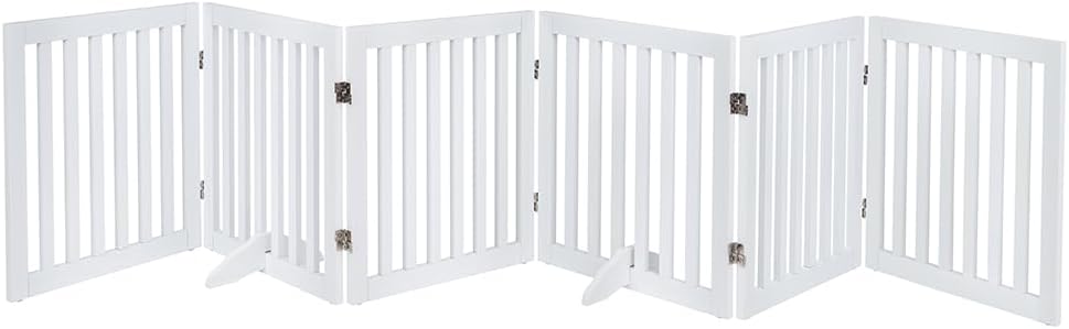 36”H Free Standing Pet Gate for Dog, Tall Wooden Dog Gate, 80” Wide | Foldable Pet Fence for Doorway, Stairs, Step, Expandable Doggy Barrier, Room Divider, Indoor Use, White