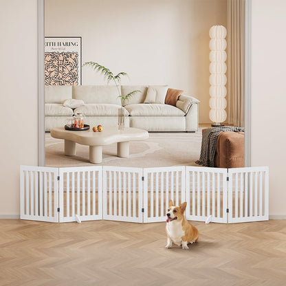 36”H Free Standing Pet Gate for Dog, Tall Wooden Dog Gate, 80” Wide | Foldable Pet Fence for Doorway, Stairs, Step, Expandable Doggy Barrier, Room Divider, Indoor Use, White