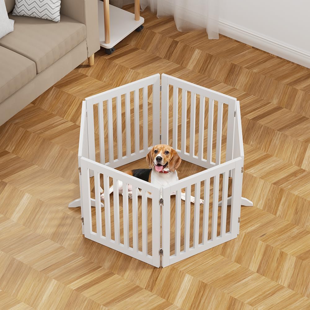 36”H Free Standing Pet Gate for Dog, Tall Wooden Dog Gate, 80” Wide | Foldable Pet Fence for Doorway, Stairs, Step, Expandable Doggy Barrier, Room Divider, Indoor Use, White