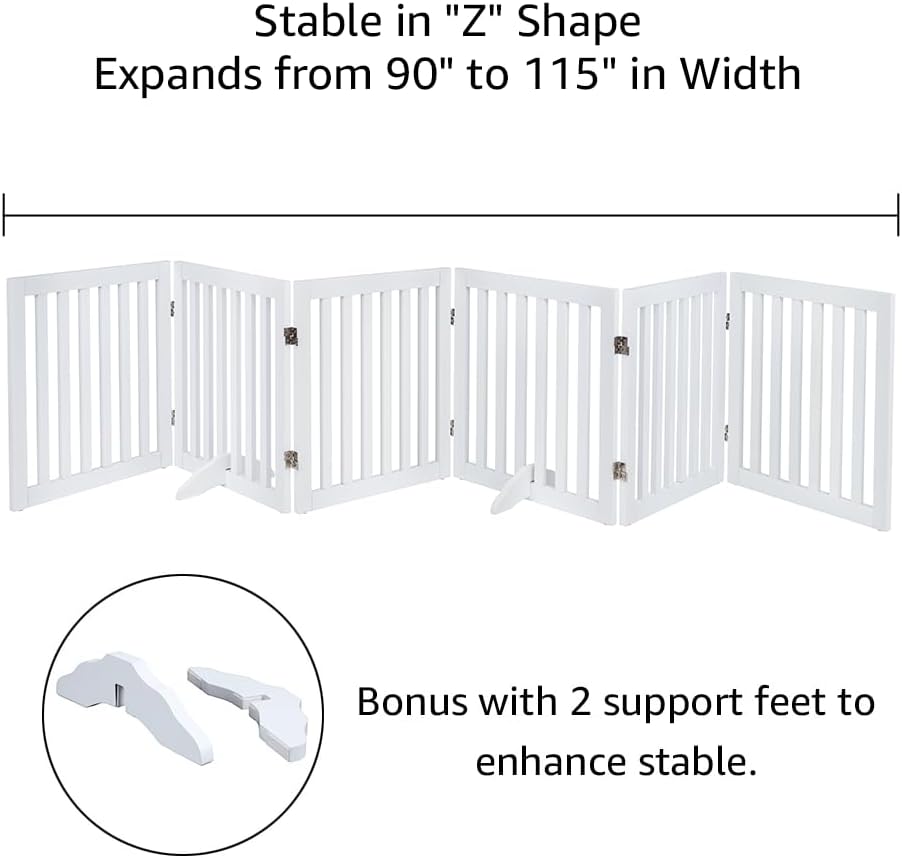 36”H Free Standing Pet Gate for Dog, Tall Wooden Dog Gate, 80” Wide | Foldable Pet Fence for Doorway, Stairs, Step, Expandable Doggy Barrier, Room Divider, Indoor Use, White