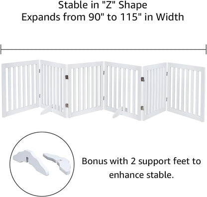 36”H Free Standing Pet Gate for Dog, Tall Wooden Dog Gate, 80” Wide | Foldable Pet Fence for Doorway, Stairs, Step, Expandable Doggy Barrier, Room Divider, Indoor Use, White