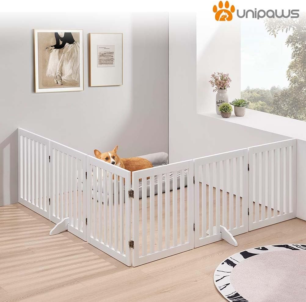 36”H Free Standing Pet Gate for Dog, Tall Wooden Dog Gate, 80” Wide | Foldable Pet Fence for Doorway, Stairs, Step, Expandable Doggy Barrier, Room Divider, Indoor Use, White