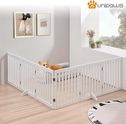 36”H Free Standing Pet Gate for Dog, Tall Wooden Dog Gate, 80” Wide | Foldable Pet Fence for Doorway, Stairs, Step, Expandable Doggy Barrier, Room Divider, Indoor Use, White