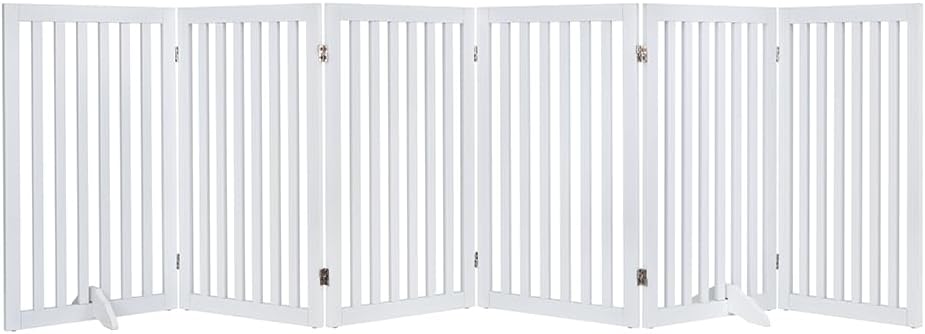 36”H Free Standing Pet Gate for Dog, Tall Wooden Dog Gate, 80” Wide | Foldable Pet Fence for Doorway, Stairs, Step, Expandable Doggy Barrier, Room Divider, Indoor Use, White