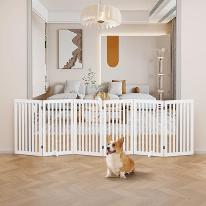 36”H Free Standing Pet Gate for Dog, Tall Wooden Dog Gate, 80” Wide | Foldable Pet Fence for Doorway, Stairs, Step, Expandable Doggy Barrier, Room Divider, Indoor Use, White