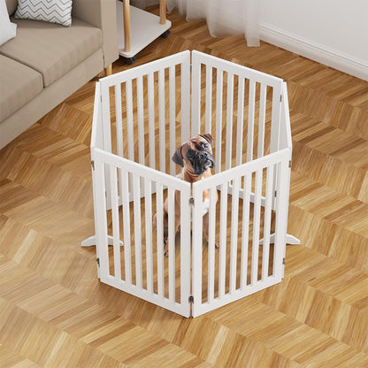 36”H Free Standing Pet Gate for Dog, Tall Wooden Dog Gate, 80” Wide | Foldable Pet Fence for Doorway, Stairs, Step, Expandable Doggy Barrier, Room Divider, Indoor Use, White