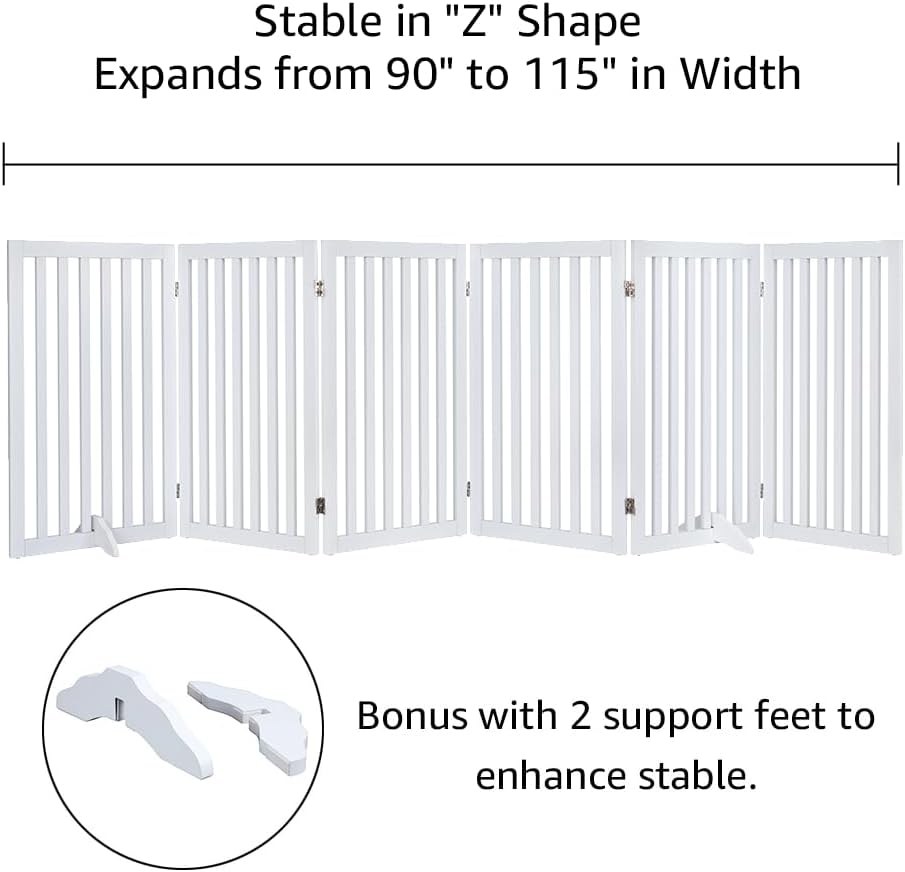36”H Free Standing Pet Gate for Dog, Tall Wooden Dog Gate, 80” Wide | Foldable Pet Fence for Doorway, Stairs, Step, Expandable Doggy Barrier, Room Divider, Indoor Use, White