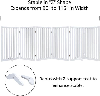 36”H Free Standing Pet Gate for Dog, Tall Wooden Dog Gate, 80” Wide | Foldable Pet Fence for Doorway, Stairs, Step, Expandable Doggy Barrier, Room Divider, Indoor Use, White