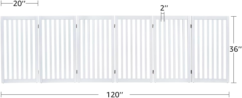 36”H Free Standing Pet Gate for Dog, Tall Wooden Dog Gate, 80” Wide | Foldable Pet Fence for Doorway, Stairs, Step, Expandable Doggy Barrier, Room Divider, Indoor Use, White