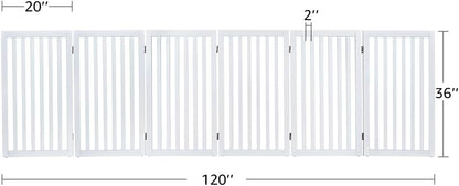 36”H Free Standing Pet Gate for Dog, Tall Wooden Dog Gate, 80” Wide | Foldable Pet Fence for Doorway, Stairs, Step, Expandable Doggy Barrier, Room Divider, Indoor Use, White
