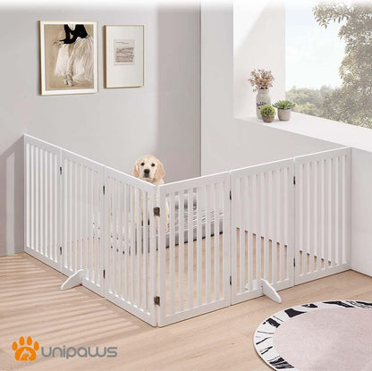 36”H Free Standing Pet Gate for Dog, Tall Wooden Dog Gate, 80” Wide | Foldable Pet Fence for Doorway, Stairs, Step, Expandable Doggy Barrier, Room Divider, Indoor Use, White