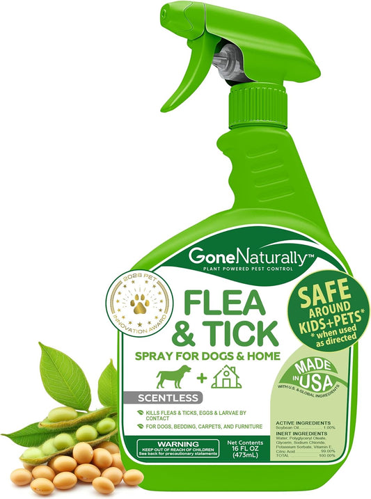 Flea and Tick Spray for Dogs & Home – Scentless Dog Flea Spray for Home, Carpets & Furniture – No Essential Oils – Kills Fleas, Ticks, Eggs & Larvae on Bedding & Direct on Fur (16oz)