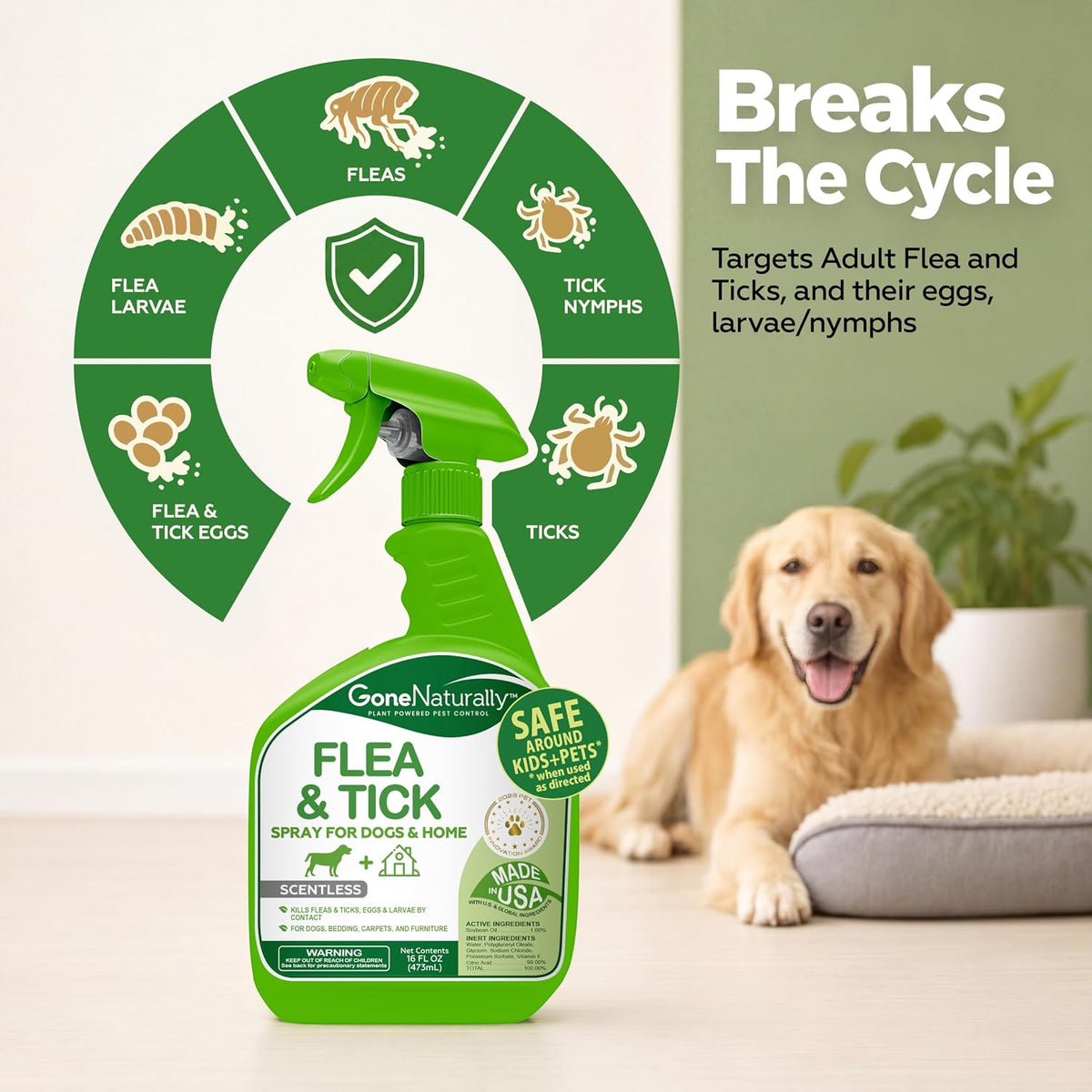 Flea and Tick Spray for Dogs & Home – Scentless Dog Flea Spray for Home, Carpets & Furniture – No Essential Oils – Kills Fleas, Ticks, Eggs & Larvae on Bedding & Direct on Fur (16oz)