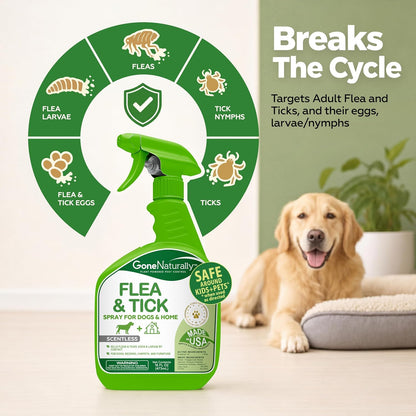 Flea and Tick Spray for Dogs & Home – Scentless Dog Flea Spray for Home, Carpets & Furniture – No Essential Oils – Kills Fleas, Ticks, Eggs & Larvae on Bedding & Direct on Fur (16oz)