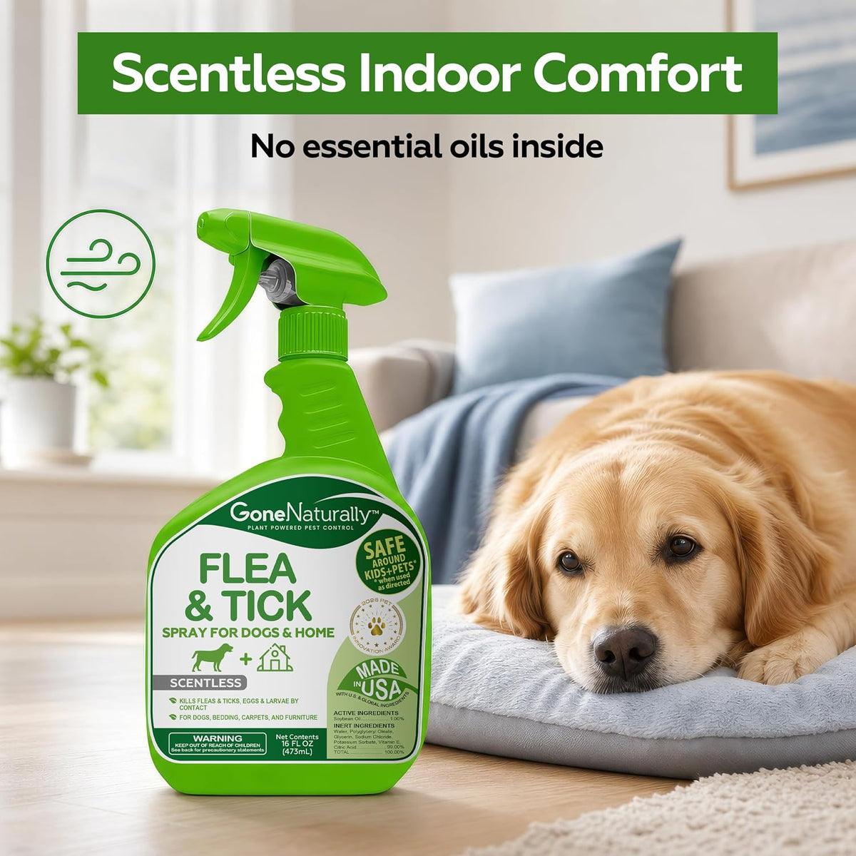 Flea and Tick Spray for Dogs & Home – Scentless Dog Flea Spray for Home, Carpets & Furniture – No Essential Oils – Kills Fleas, Ticks, Eggs & Larvae on Bedding & Direct on Fur (16oz)