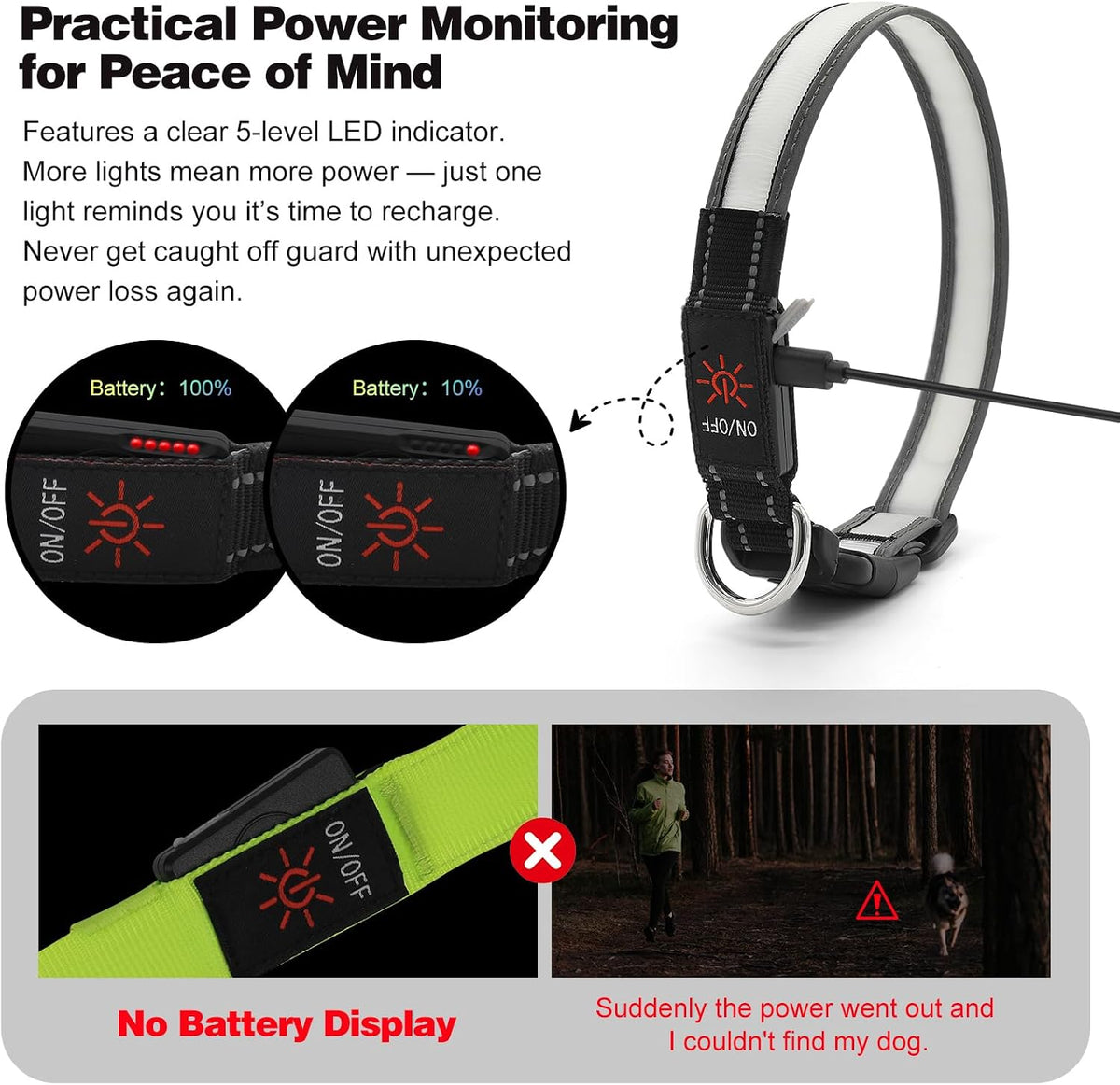 Light Up Dog Collar, Multicolor LED Dog Collar with 7 Lighting Modes - USB-C Rechargeable, Real-Time Battery Indicator, Waterproof & Adjustable Glow Collar for Safe Night Walks (L)