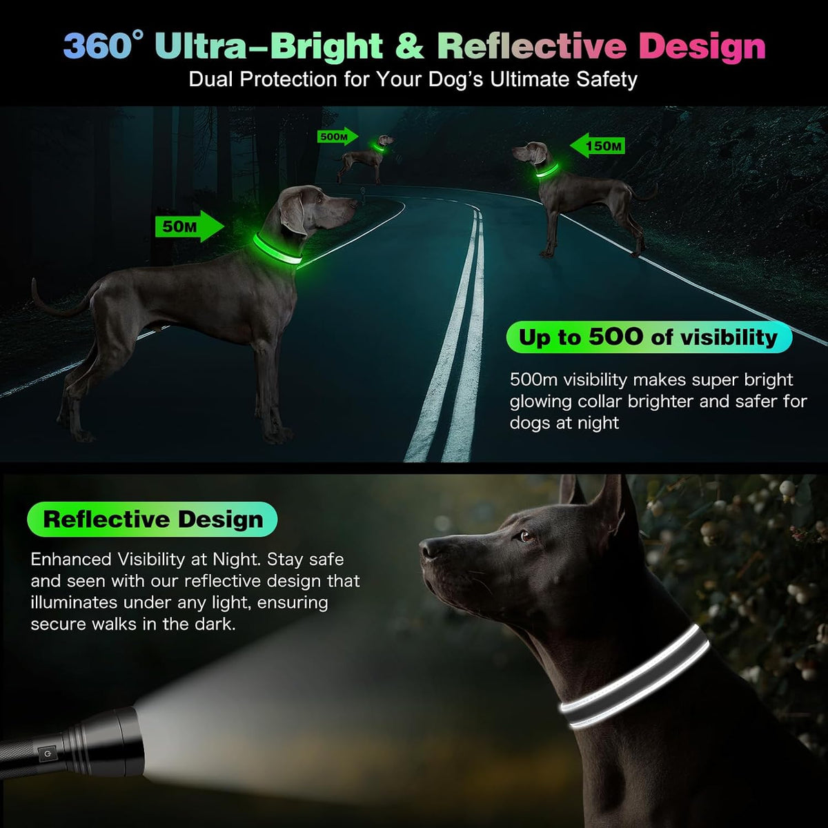 Light Up Dog Collar, Multicolor LED Dog Collar with 7 Lighting Modes - USB-C Rechargeable, Real-Time Battery Indicator, Waterproof & Adjustable Glow Collar for Safe Night Walks (L)