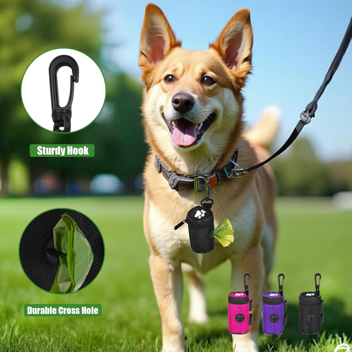 Dog Poop Bag Holder for Leash Attachment - Waste Bag Dispenser for Leash - Fits Any Dog Leash - Portable Set with Hand Free Holder Metal Carrier, Round Shape, Pink