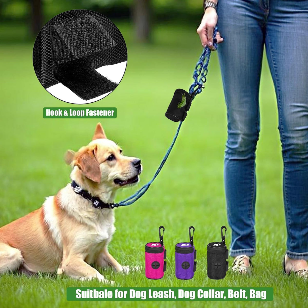 Dog Poop Bag Holder for Leash Attachment - Waste Bag Dispenser for Leash - Fits Any Dog Leash - Portable Set with Hand Free Holder Metal Carrier, Round Shape, Pink