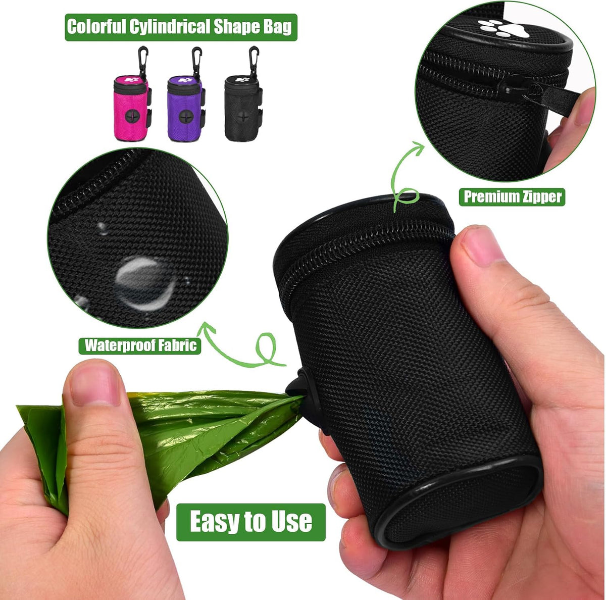 Dog Poop Bag Holder for Leash Attachment - Waste Bag Dispenser for Leash - Fits Any Dog Leash - Portable Set with Hand Free Holder Metal Carrier, Round Shape, Pink