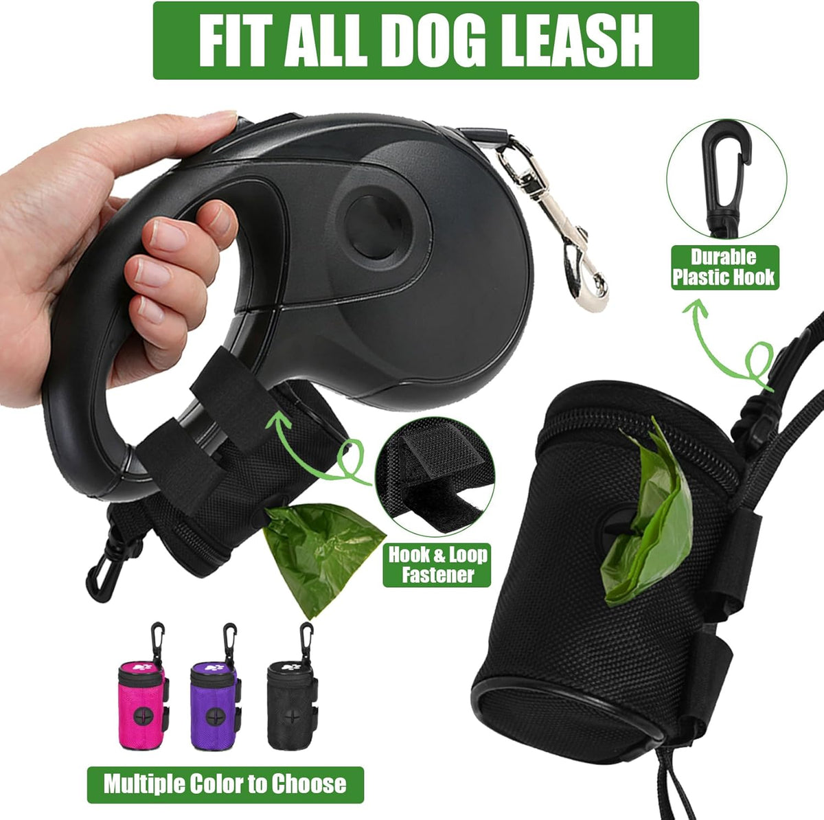 Dog Poop Bag Holder for Leash Attachment - Waste Bag Dispenser for Leash - Fits Any Dog Leash - Portable Set with Hand Free Holder Metal Carrier, Round Shape, Pink