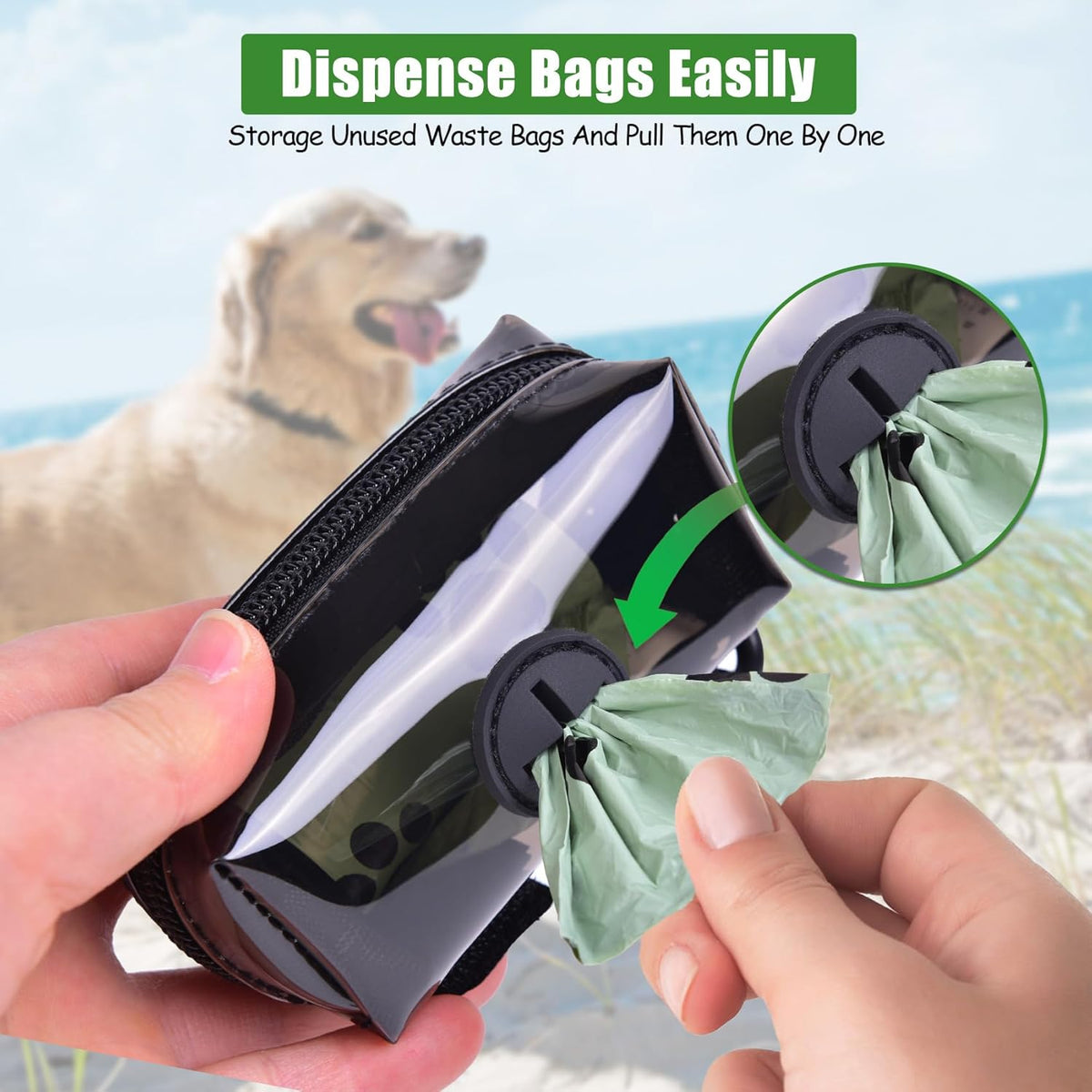 Dog Poop Bag Holder for Leash Attachment - Waste Bag Dispenser for Leash - Fits Any Dog Leash - Portable Set with Hand Free Holder Metal Carrier, Round Shape, Pink
