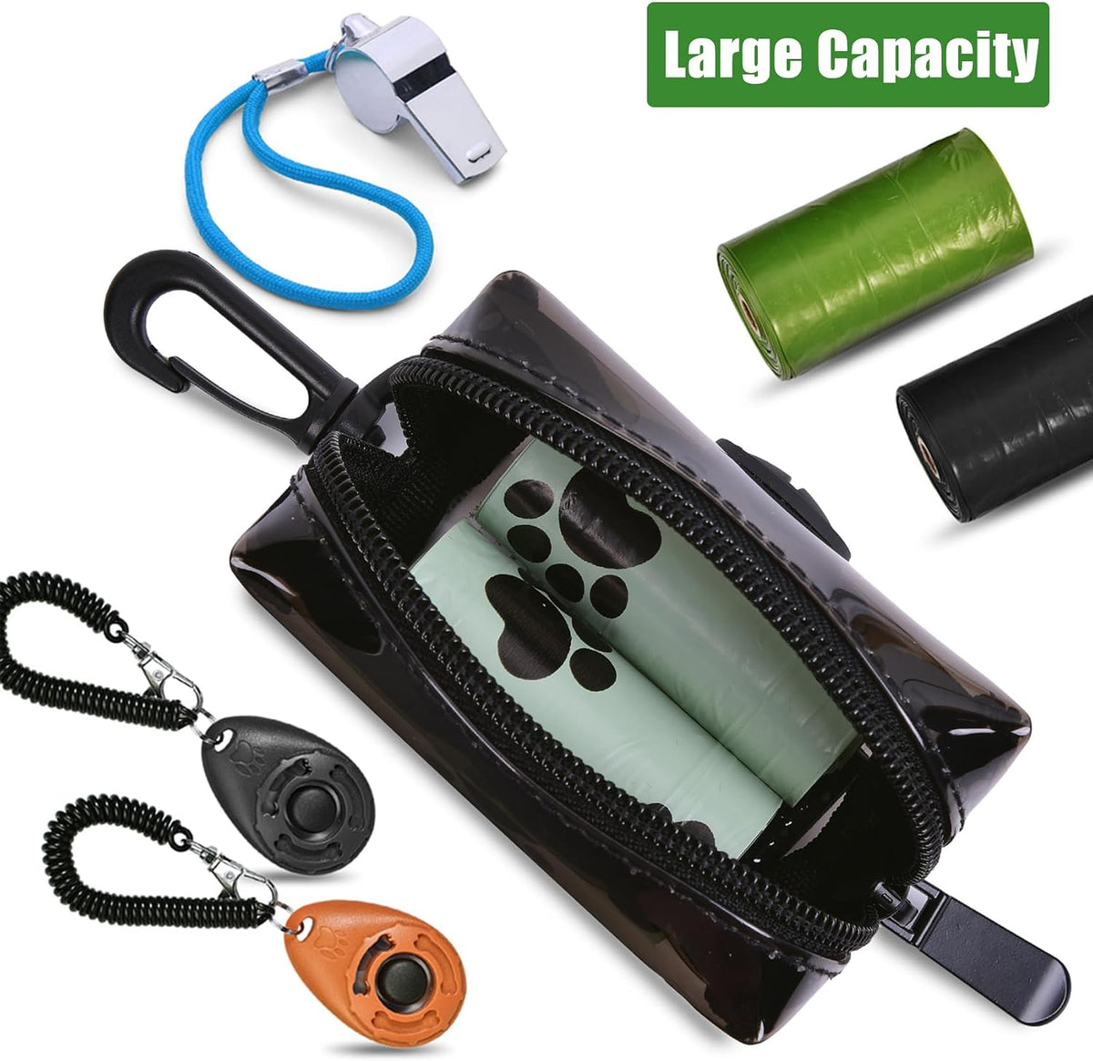 Dog Poop Bag Holder for Leash Attachment - Waste Bag Dispenser for Leash - Fits Any Dog Leash - Portable Set with Hand Free Holder Metal Carrier, Round Shape, Pink