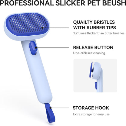 Skin Friendly Self-Cleaning Slicker Brush for Dogs & Cats, Gentle Pet Grooming Tool for Shedding & Deshedding, Efficient Hair Remover for Long & Short Haired Pets | Self Cleaning Pet Brush for Long or Semi-Short Haired Cats, Removing Loose Fur & Tangles