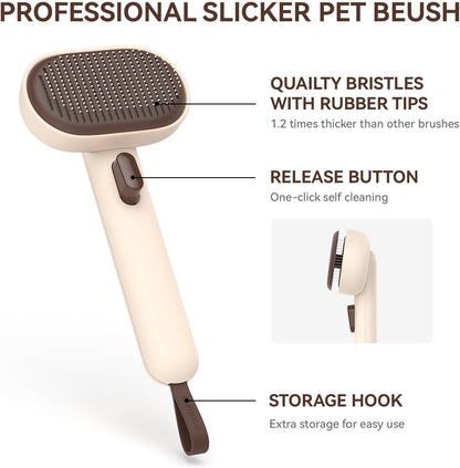 Skin Friendly Self-Cleaning Slicker Brush for Dogs & Cats, Gentle Pet Grooming Tool for Shedding & Deshedding, Efficient Hair Remover for Long & Short Haired Pets | Self Cleaning Pet Brush for Long or Semi-Short Haired Cats, Removing Loose Fur & Tangles