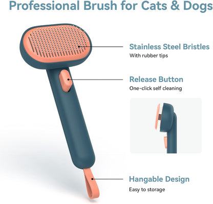 Skin Friendly Self-Cleaning Slicker Brush for Dogs & Cats, Gentle Pet Grooming Tool for Shedding & Deshedding, Efficient Hair Remover for Long & Short Haired Pets | Self Cleaning Pet Brush for Long or Semi-Short Haired Cats, Removing Loose Fur & Tangles