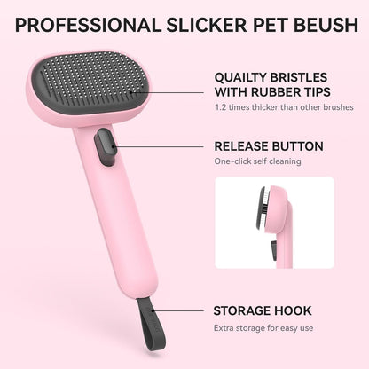 Skin Friendly Self-Cleaning Slicker Brush for Dogs & Cats, Gentle Pet Grooming Tool for Shedding & Deshedding, Efficient Hair Remover for Long & Short Haired Pets | Self Cleaning Pet Brush for Long or Semi-Short Haired Cats, Removing Loose Fur & Tangles
