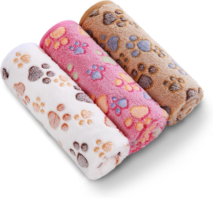 Dog Blanket 3 Pack, Soft Cozy Fleece Throw for Puppy Cat,23"x16" | Fuzzy Flannel Small Pet Blanket Washable, Cute Paw Print for Crate Car Bed. Puppy Essential,Cat Stuff Gifts,Small