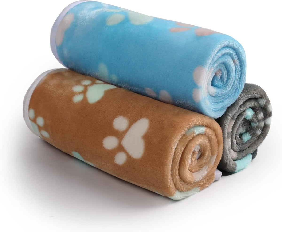 Dog Blanket 3 Pack, Soft Cozy Fleece Throw for Puppy Cat,23"x16" | Fuzzy Flannel Small Pet Blanket Washable, Cute Paw Print for Crate Car Bed. Puppy Essential,Cat Stuff Gifts,Small