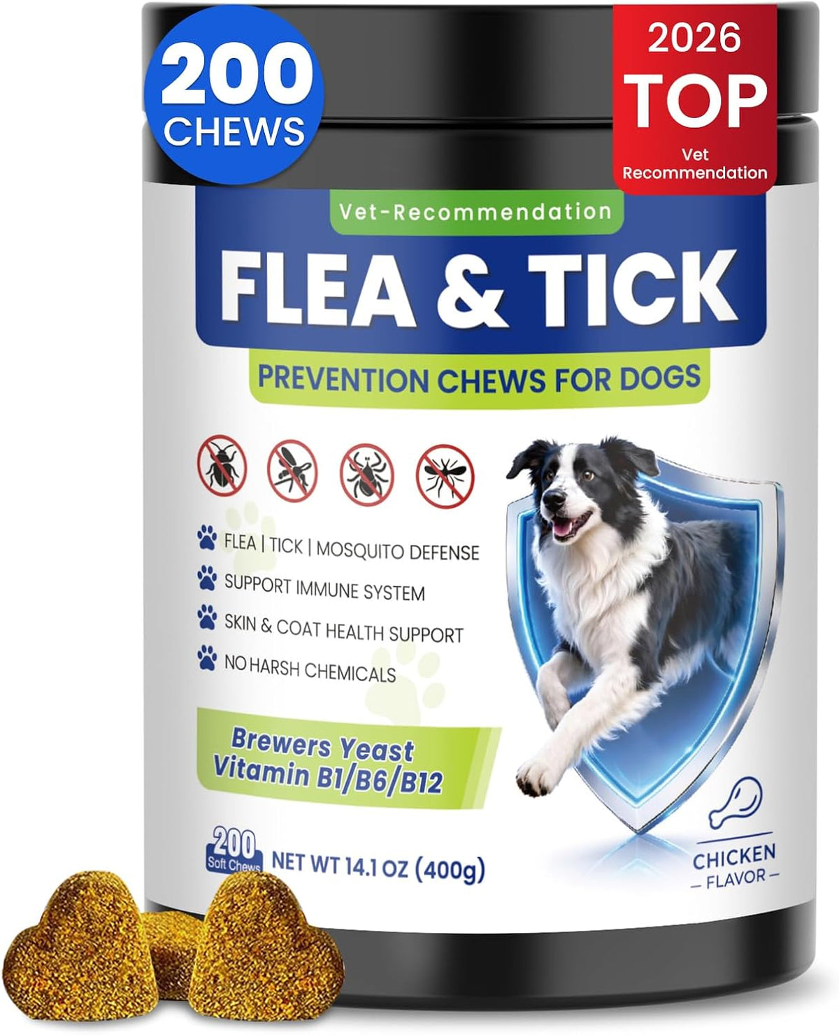 Flea and Tick Protection for Dogs-200 Natural Soft Chewable Fleas Ticks Pests Defense Supplement Supports Skin Coat Immune Health-Daily Oral Flea Tick Treatment All Breeds Ages-Chicken