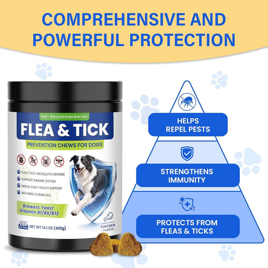 Flea and Tick Protection for Dogs-200 Natural Soft Chewable Fleas Ticks Pests Defense Supplement Supports Skin Coat Immune Health-Daily Oral Flea Tick Treatment All Breeds Ages-Chicken