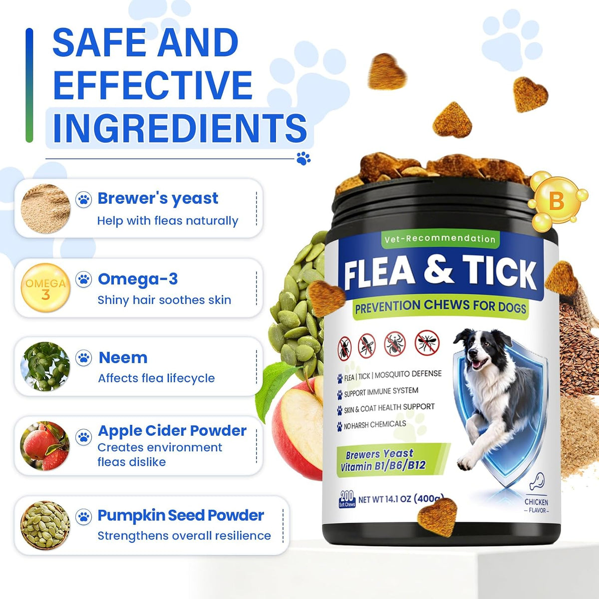 Flea and Tick Protection for Dogs-200 Natural Soft Chewable Fleas Ticks Pests Defense Supplement Supports Skin Coat Immune Health-Daily Oral Flea Tick Treatment All Breeds Ages-Chicken