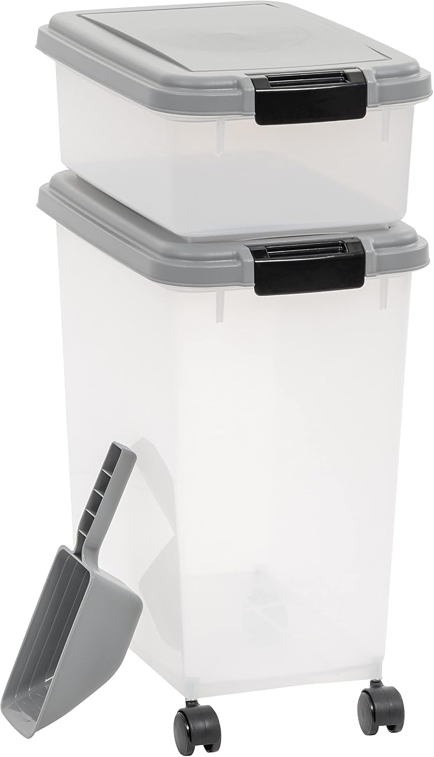 Airtight Pet Food Storage Container with Scoop, BPA Free, Removable Wheels, 69 QT, Gray