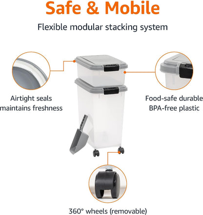 Airtight Pet Food Storage Container with Scoop, BPA Free, Removable Wheels, 69 QT, Gray