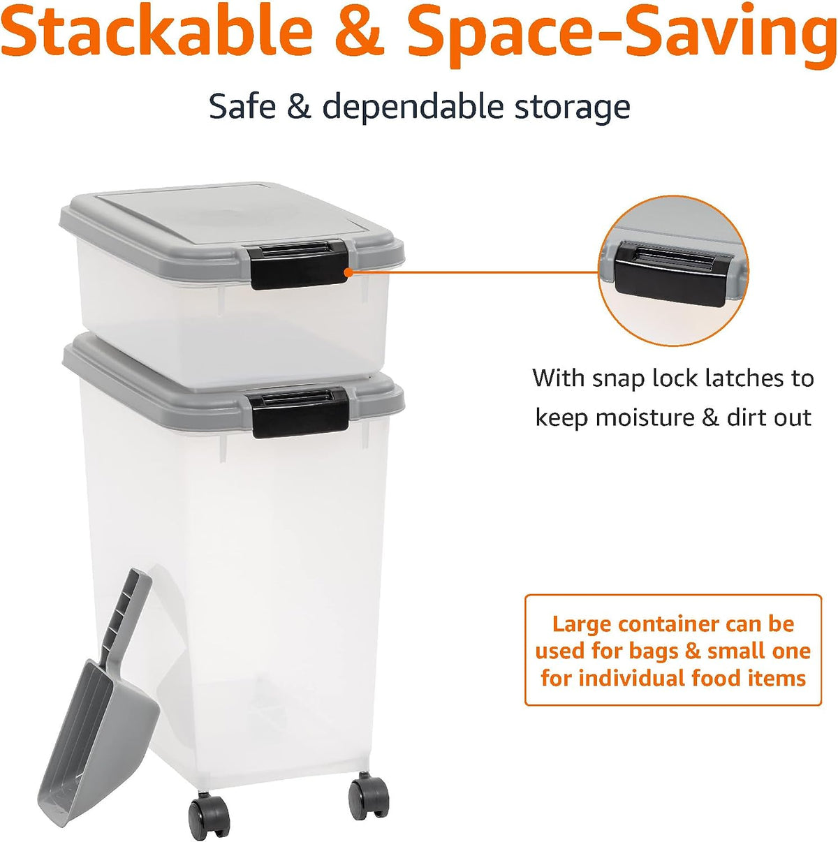 Airtight Pet Food Storage Container with Scoop, BPA Free, Removable Wheels, 69 QT, Gray