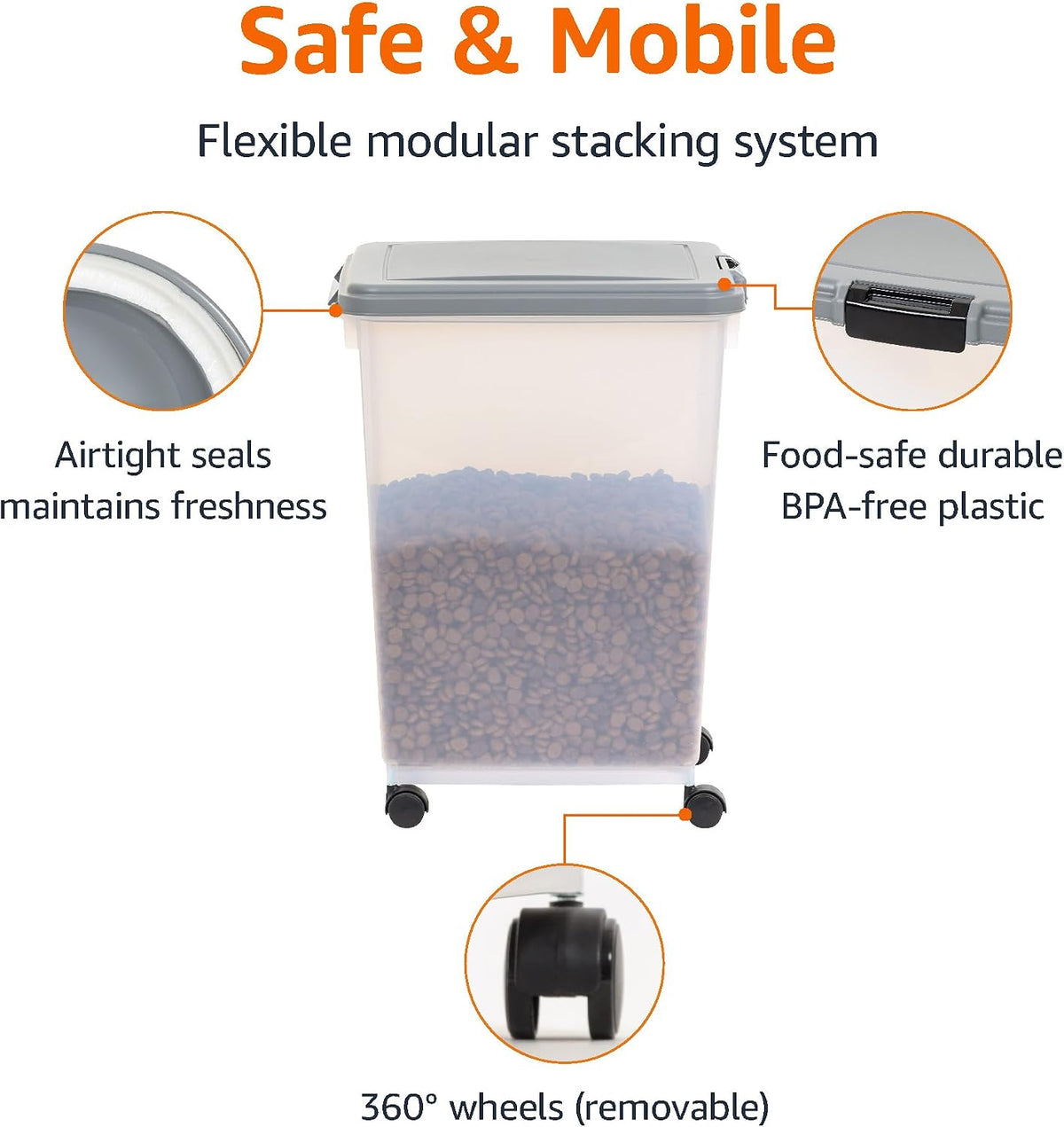 Airtight Pet Food Storage Container with Scoop, BPA Free, Removable Wheels, 69 QT, Gray
